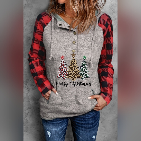 Fashion Plaid Leopard Print Half Snap Drawstring Christmas Hoodie Top. NWT - Picture 5 of 5